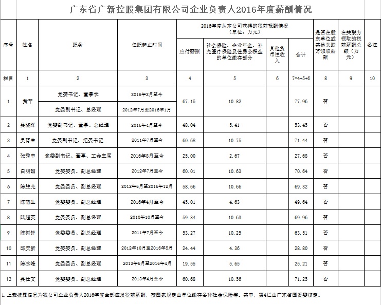 广新控股集团企业负责人2016年度薪酬情况